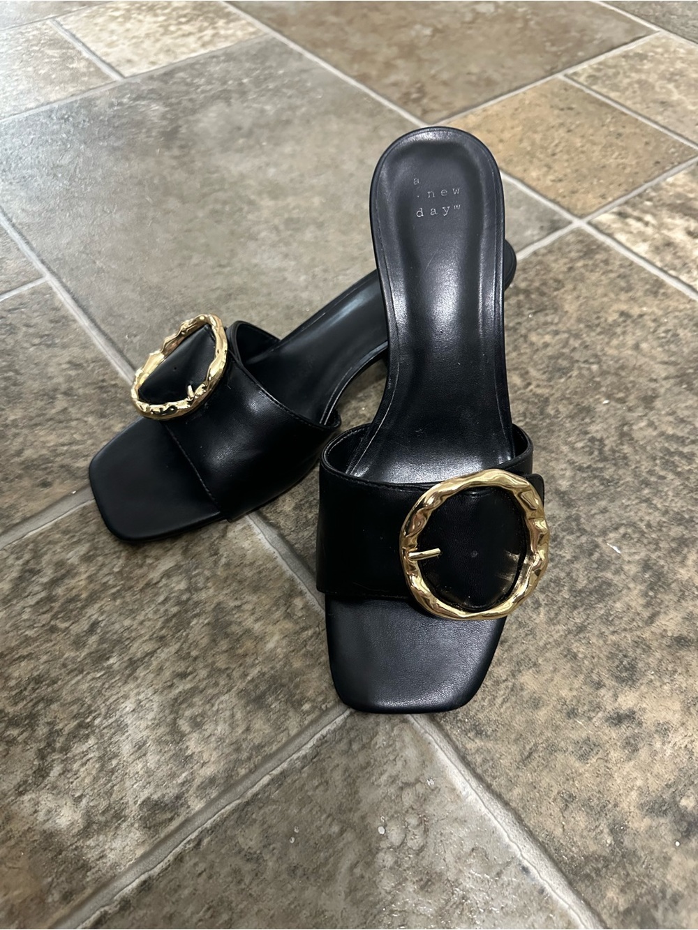 a new day Black Slide Mules with Gold Buckle